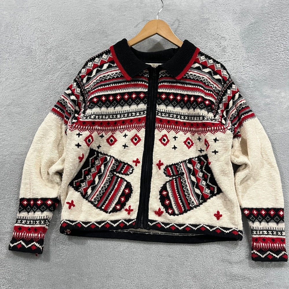 Vintage Christmas Cardigan‎ Yarnworks Tree White Full Zip Holiday L Sweater 90s